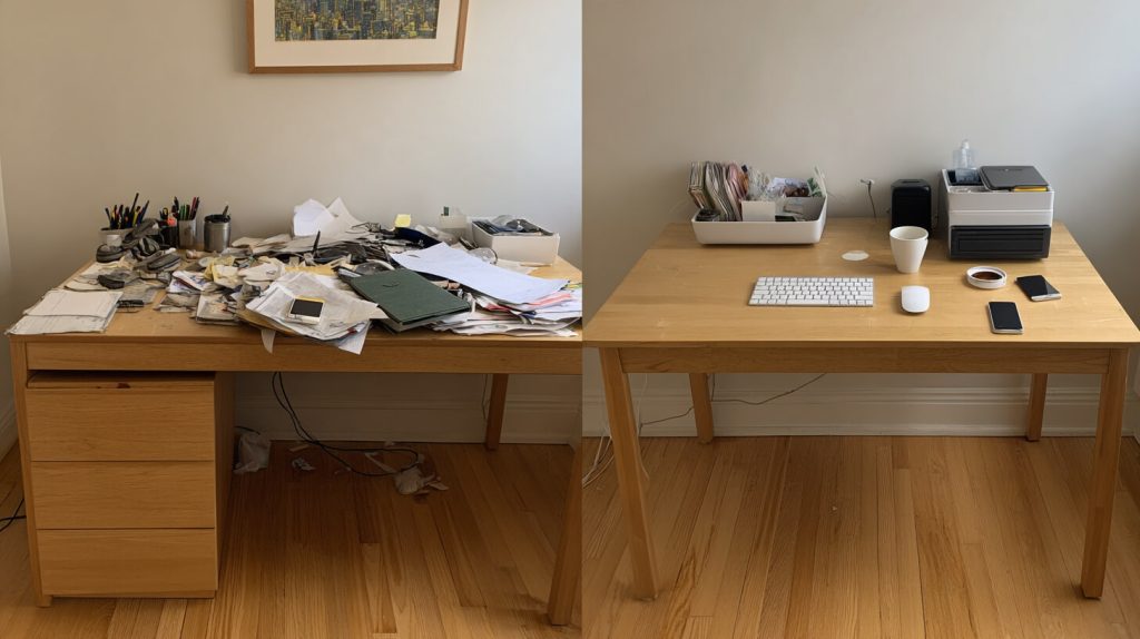 Een rommelig bureau vol papieren en pennen naast hetzelfde bureau nadat het overzichtelijk is opgeruimd