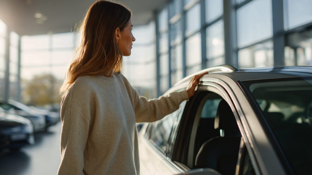 Vrouw bekijkt een elektrische auto bij een showroom en legt haar hand op het dakrandje voordat ze instapt