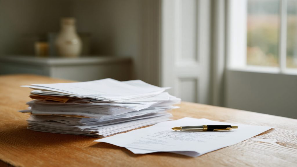 Stapel officiële papieren met vulpen op een houten bureau, klaar voor het ondertekenen van een erfrechtelijke verklaring