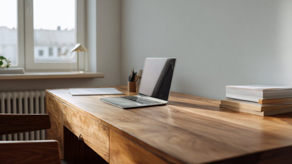Een strak georganiseerde werkplek met laptop en een nette stapel papier op een houten bureau