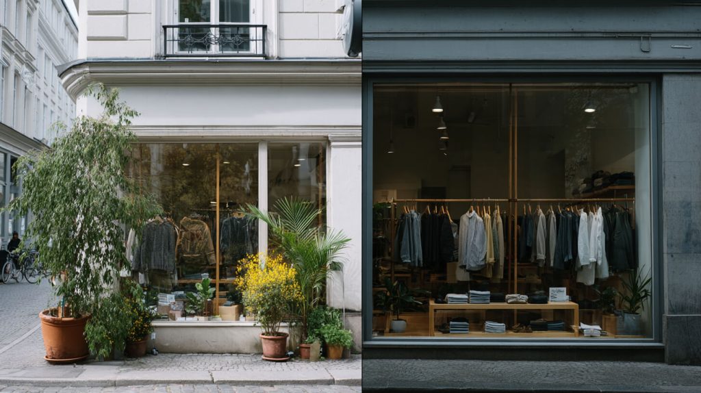 Split-beeld van een rustige winkelpui met planten naast een drukke etalage vol kleding zonder duidelijke focuspunten