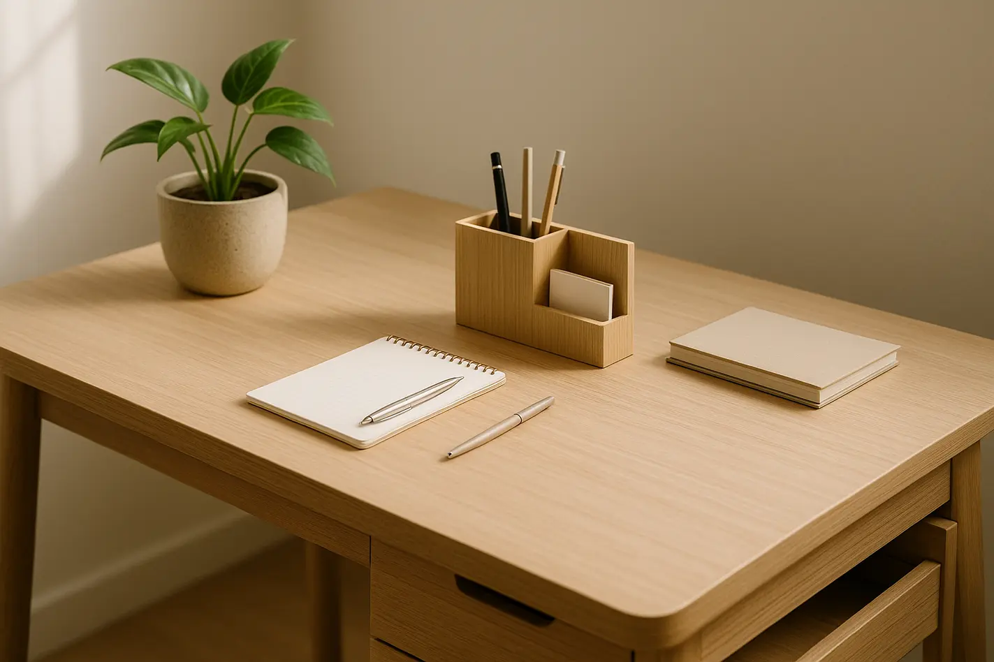 Bureau opruimen: opgeruimd houten bureau met ordeningssysteem