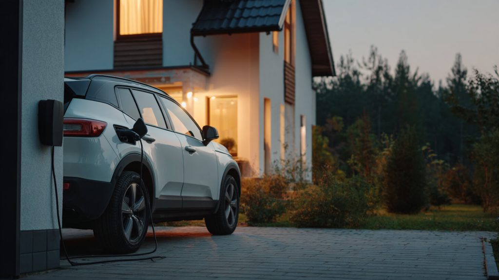 Elektrische gezinsauto wordt in de avondschemering opgeladen via een laadpaal aan de gevel van een woning