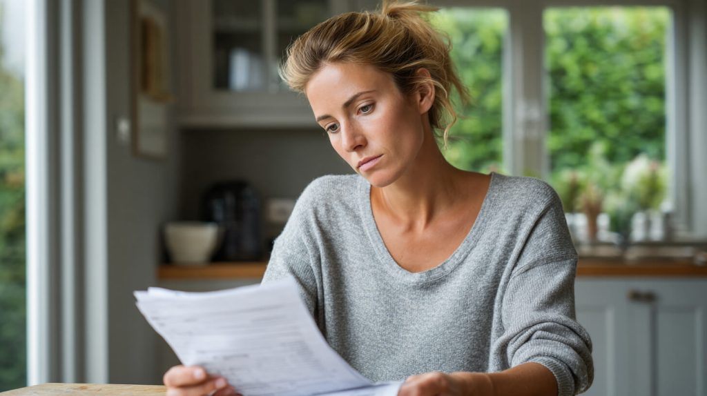 Vrouw leest bezorgd financiële documenten aan de keukentafel bij daglicht, mogelijk bezig met het beoordelen van een nalatenschap