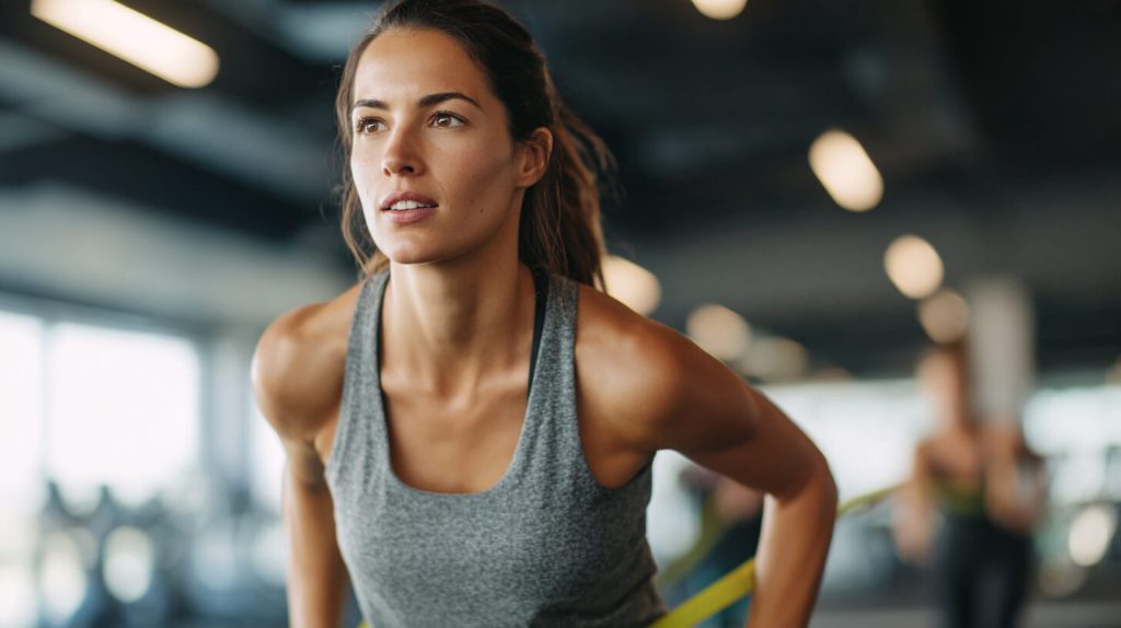 Vrouw houdt even pauze tijdens een krachtoefening met een weerstandsband, geconcentreerd op de volgende herhaling in de gym