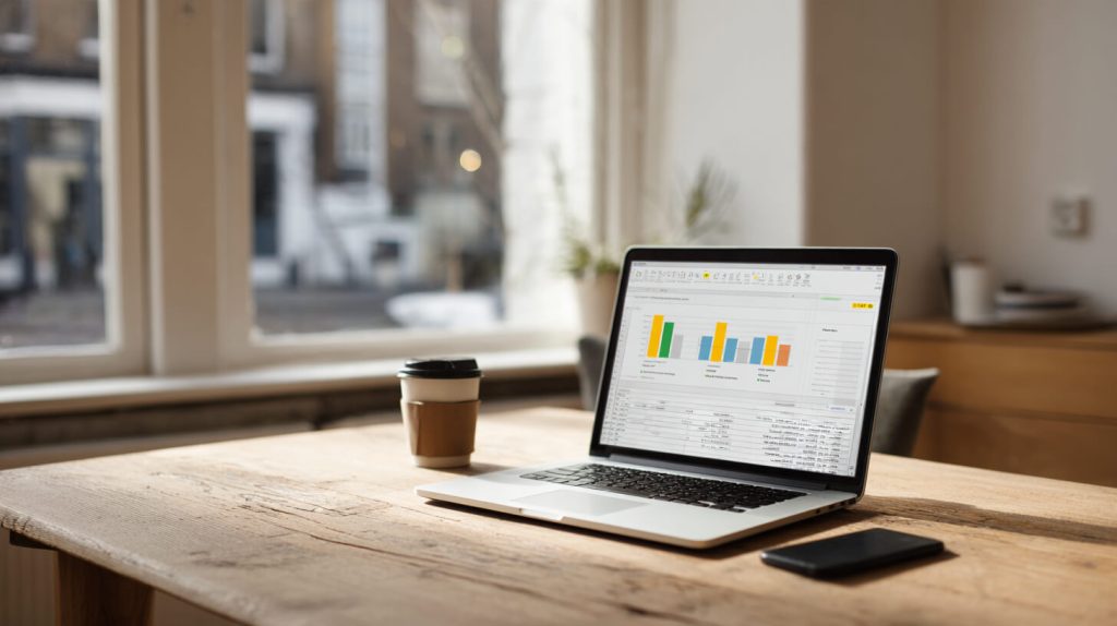 Laptop met een staafdiagram van maandelijkse uitgaven op tafel naast koffie en smartphone