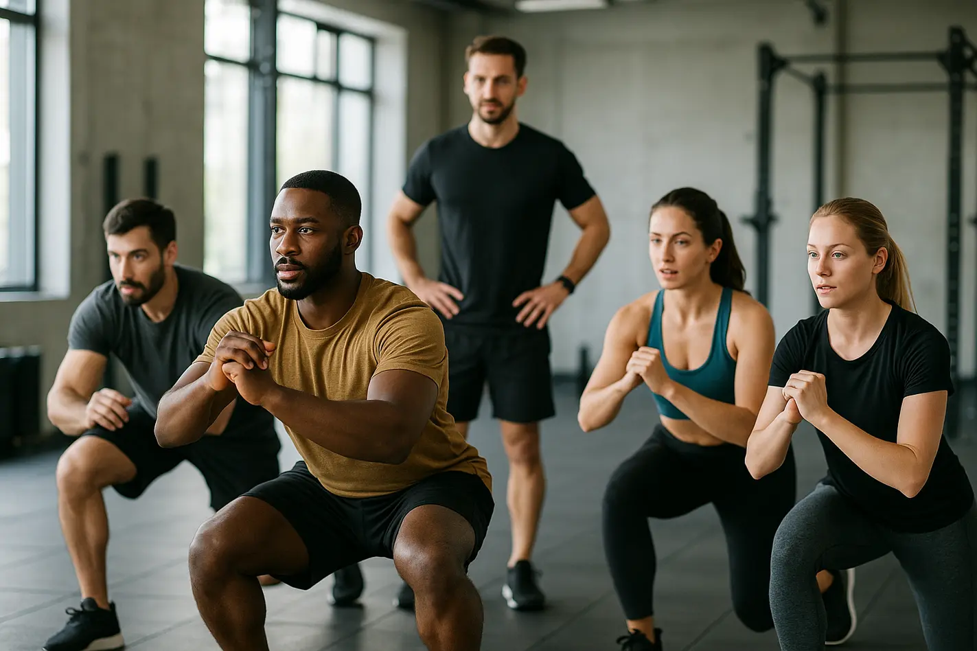 Diverse groep doet small group training opbouwen met goede vorm in moderne gym