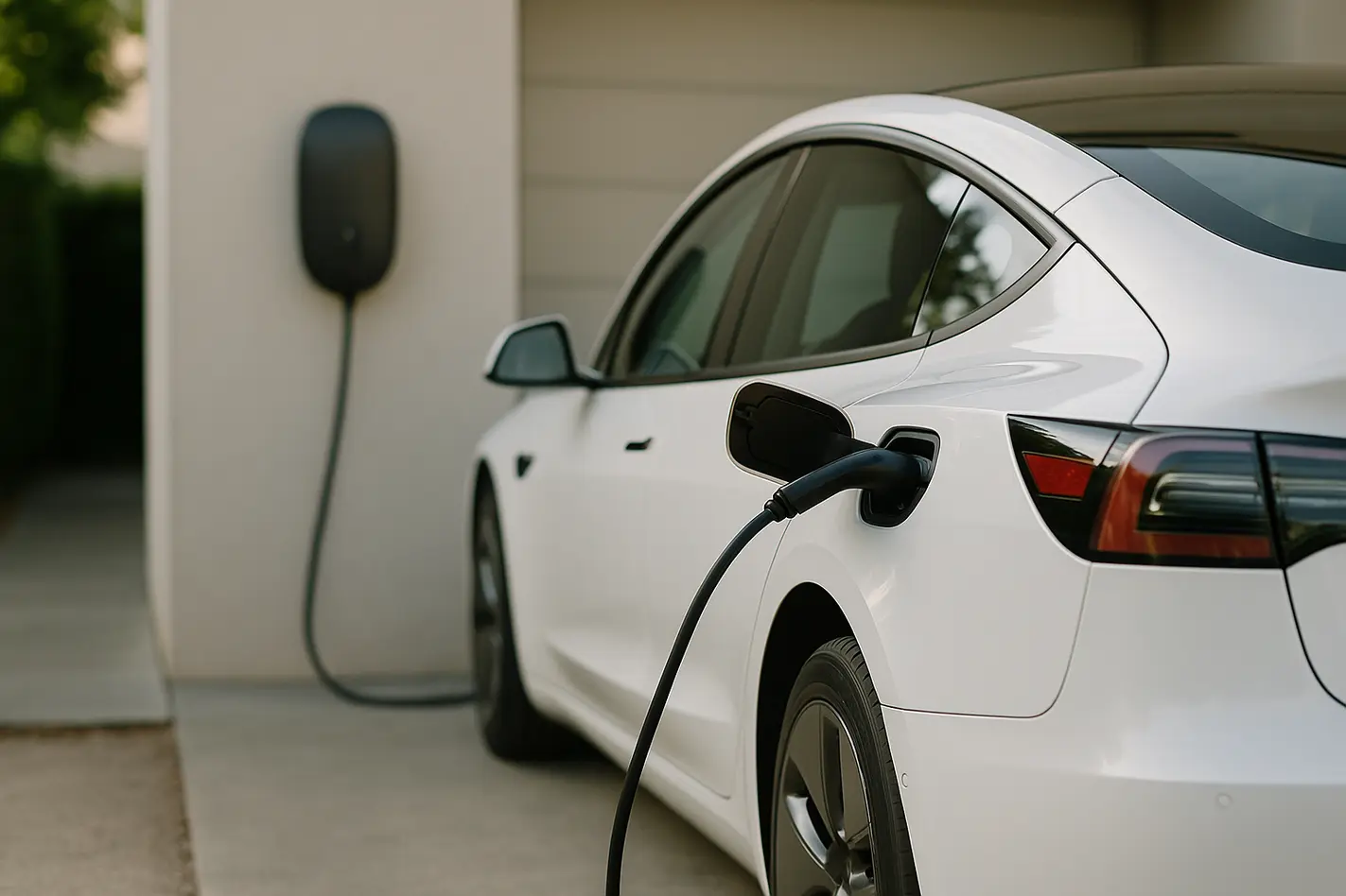 Elektrische auto laadt thuis op; stappen overstappen elektrisch rijden.