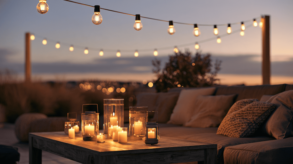 terras met sfeerverlichting en kaarsen