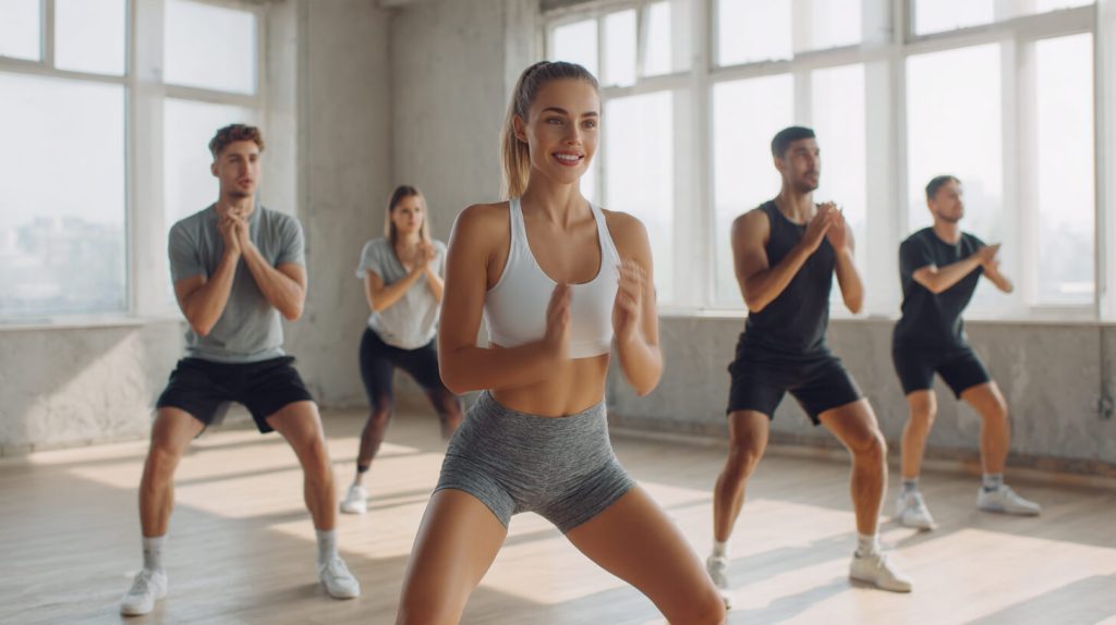 Vijf deelnemers doen samen een squat-oefening in een lichte studio, met de trainer vooraan die de groep voorgaat tijdens de small group training