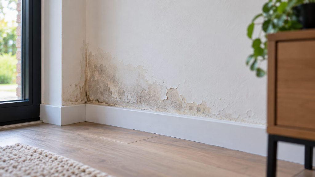 Vochtplek met afbladderende verf en schimmelvlekken onderaan een witte muur, boven de plint naast een raam