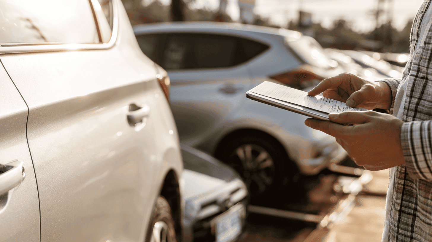 Man controleert de papieren en het kenteken van een occasion op een tablet